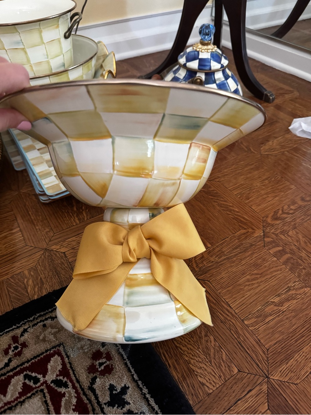Checkered Ceramic Pedestal Bowl with Yellow Bow